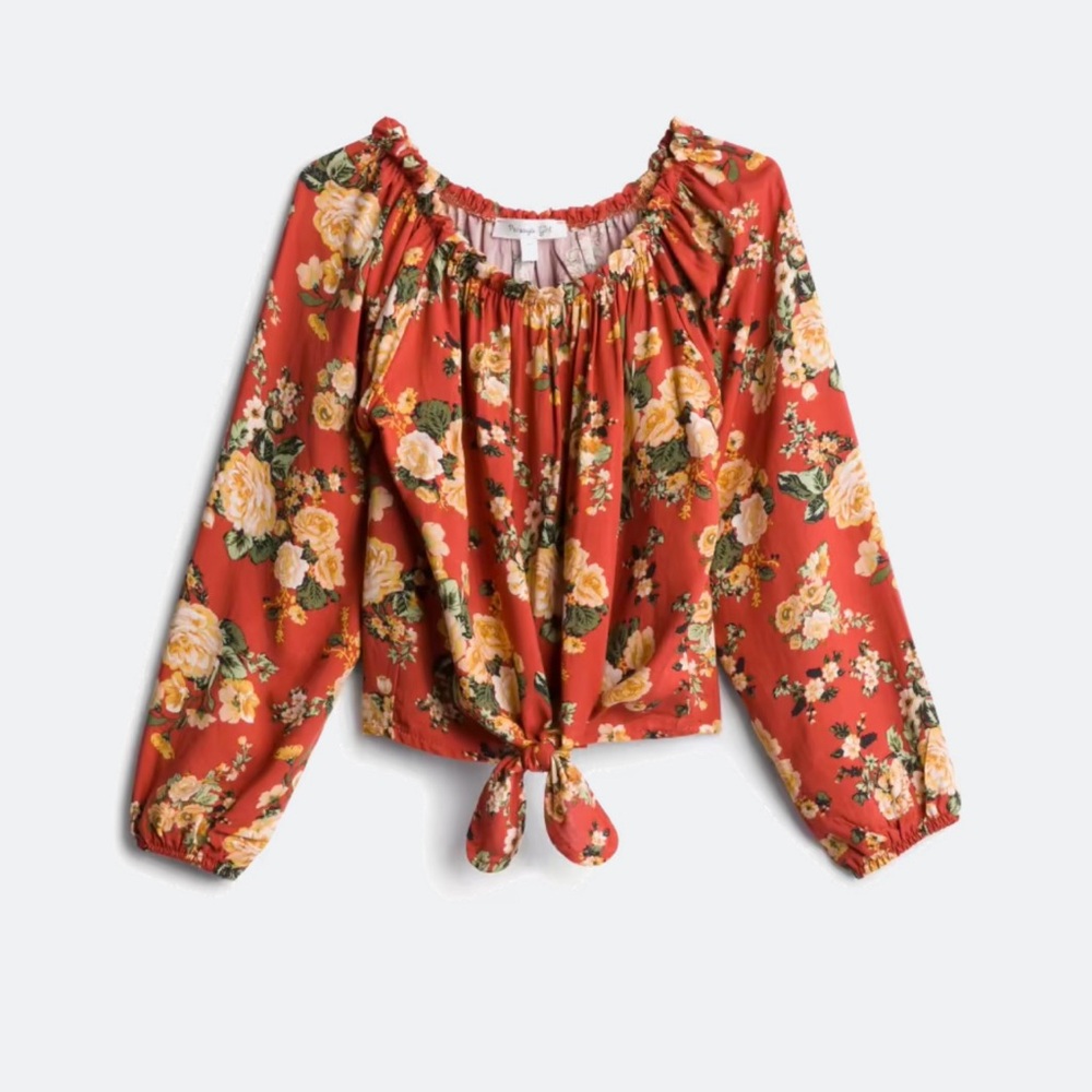 Girls NWT Floral Square Neck Orange-Red Long Sleeve Blouse - Size L